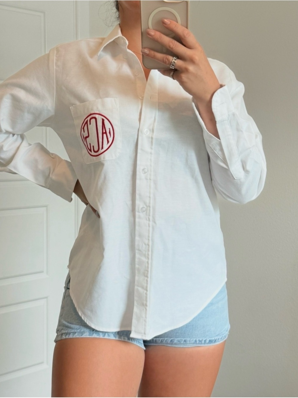 Katie K White Button-Down Shirt with Red Monogram Pocket